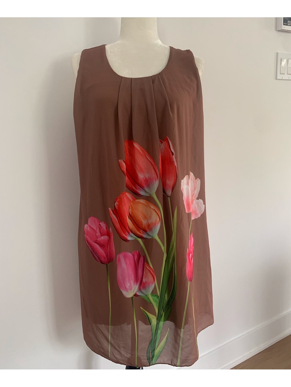 Beautiful Brown with Floral Design Lined Shift Dress